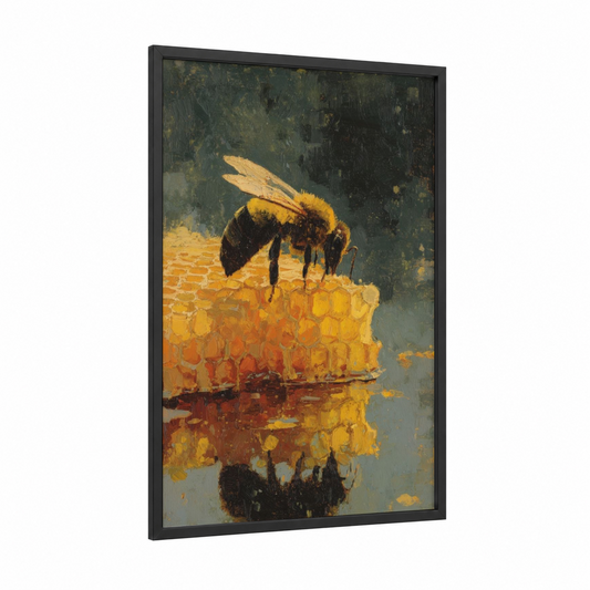 Golden Honeycomb Bee framed art print — black wood frame — gold and dark green palette