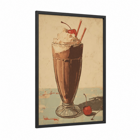 Classic Chocolate Shake framed milkshake print — black wood frame — brown and cream palette