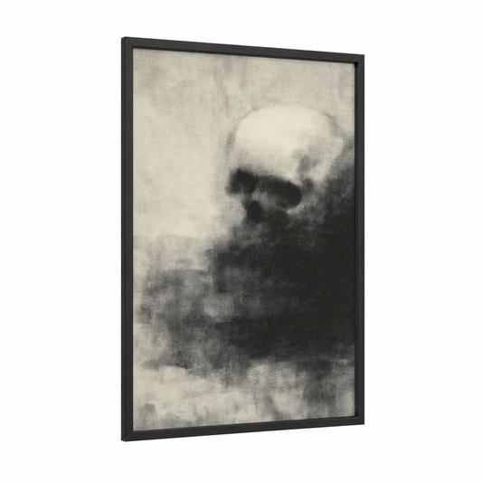 Misty Skull framed art print — black wood frame — black and white and gray palette