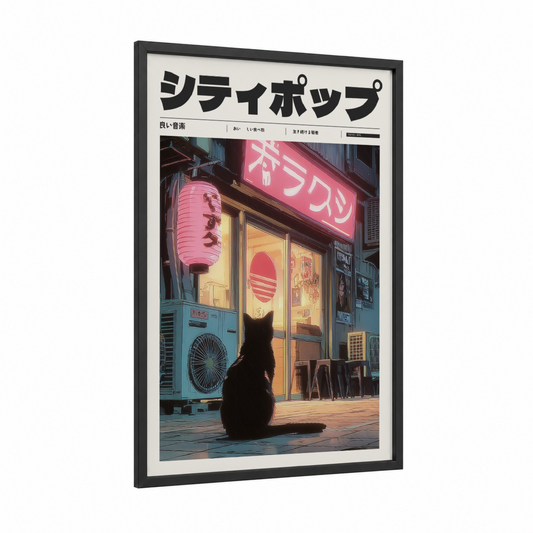 Neon Alley Cat framed anime and manga print — black wood frame — magenta and blue palette