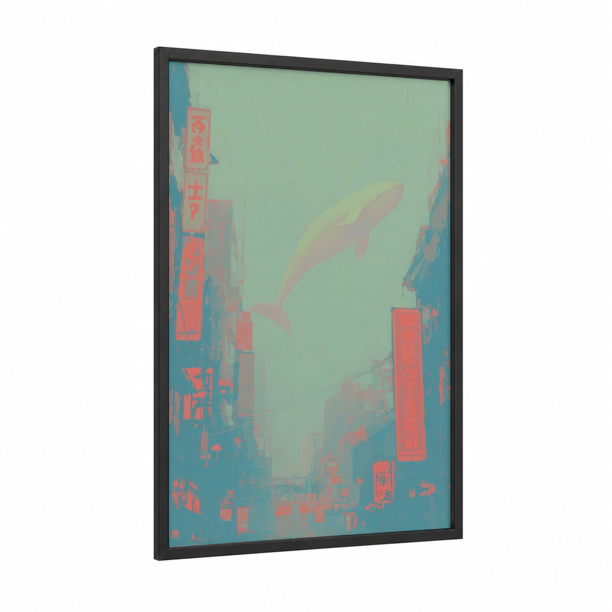 Urban Beluga framed beluga whale print — black wood frame — light green and teal palette