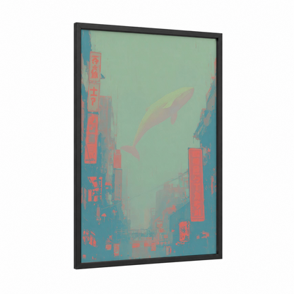 Urban Beluga framed beluga whale print — black wood frame — light green and teal palette