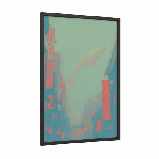 Urban Beluga framed beluga whale print — black wood frame — light green and teal palette