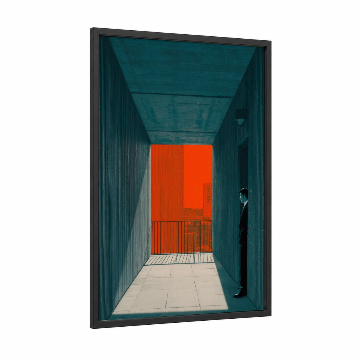 Minimalist Corridor framed abstract architecture print — black wood frame — teal and orange palette