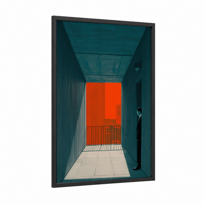 Minimalist Corridor framed abstract architecture print — black wood frame — teal and orange palette