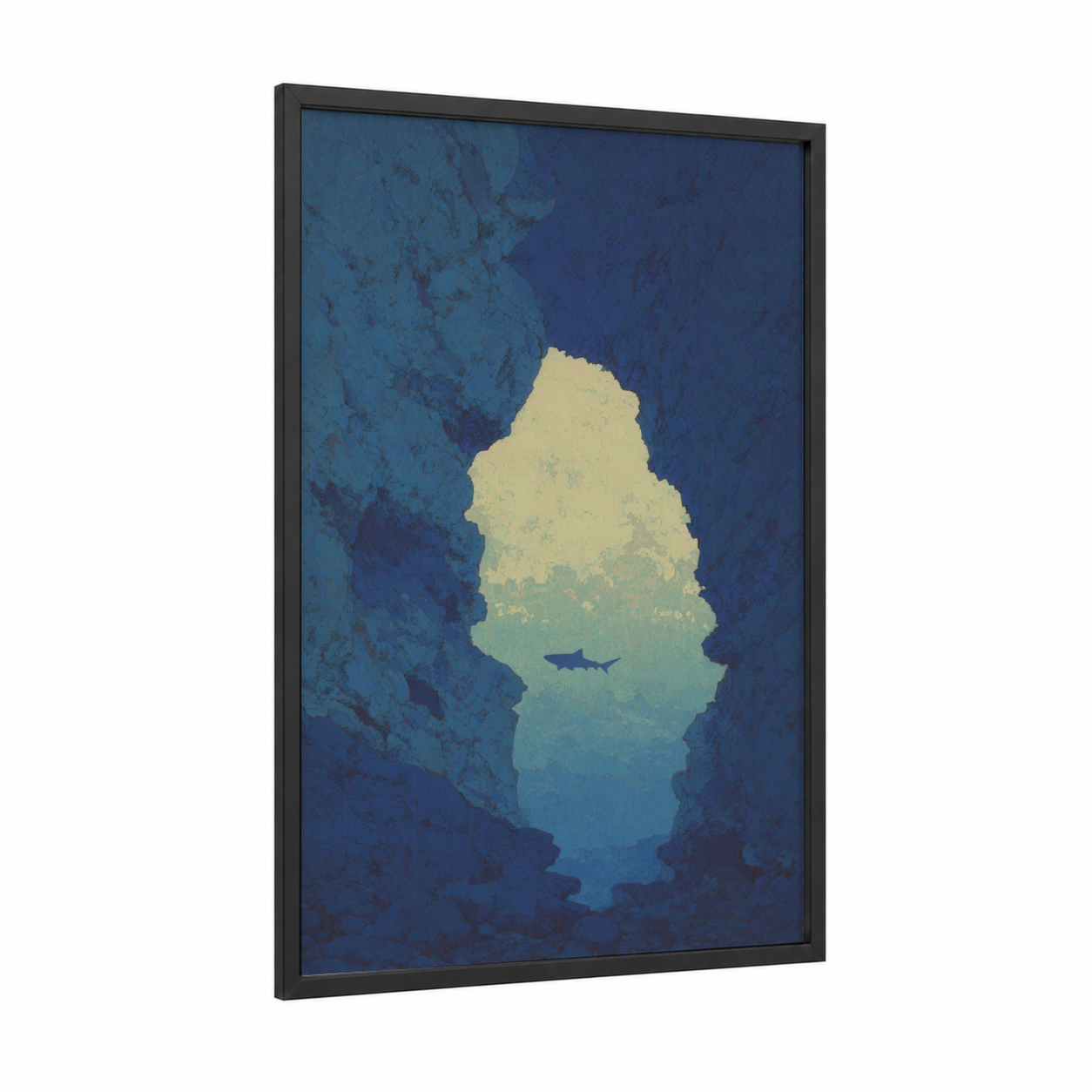 Cavern Shark framed sand tiger shark print — black wood frame — dark blue and turquoise palette