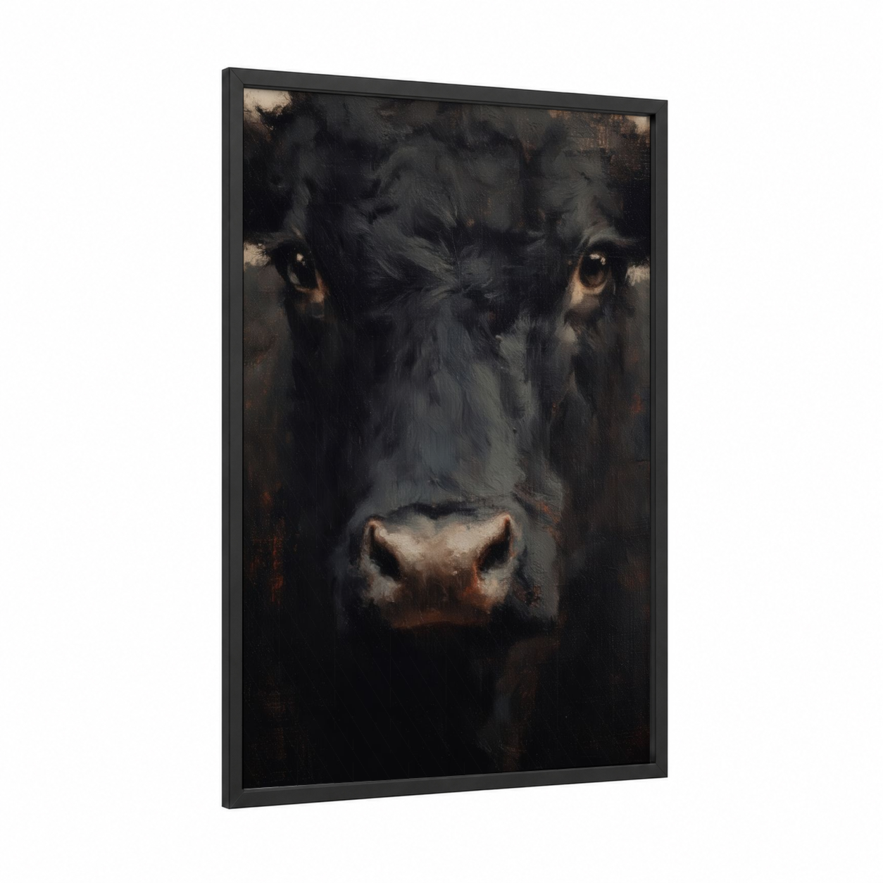 Dark Angus Portrait framed angus cow print — black wood frame — black and russet palette