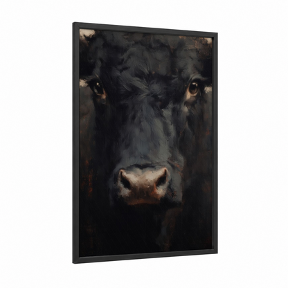 Dark Angus Portrait framed angus cow print — black wood frame — black and russet palette