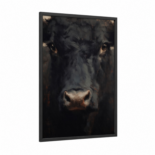Dark Angus Portrait framed angus cow print — black wood frame — black and russet palette