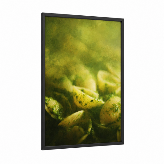 Herb Pasta Garden framed art print — black wood frame — yellow and green palette