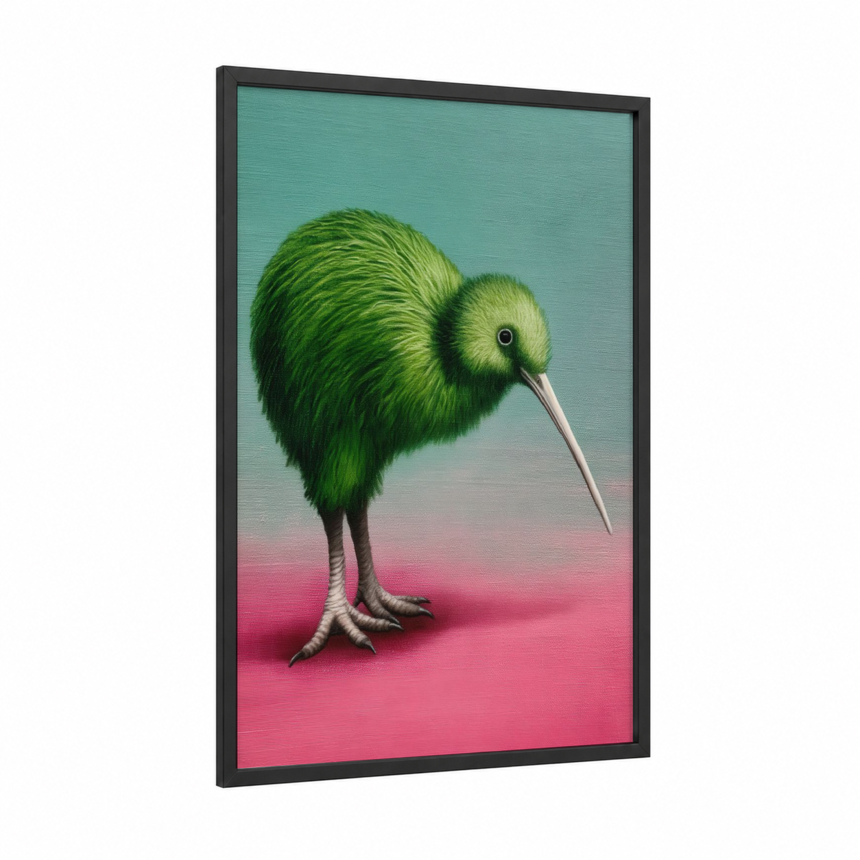 Green Kiwi framed art print — black wood frame — true green and magenta palette
