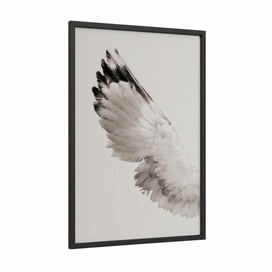 Ascending Seagull framed art print — black wood frame — black and white and gray palette