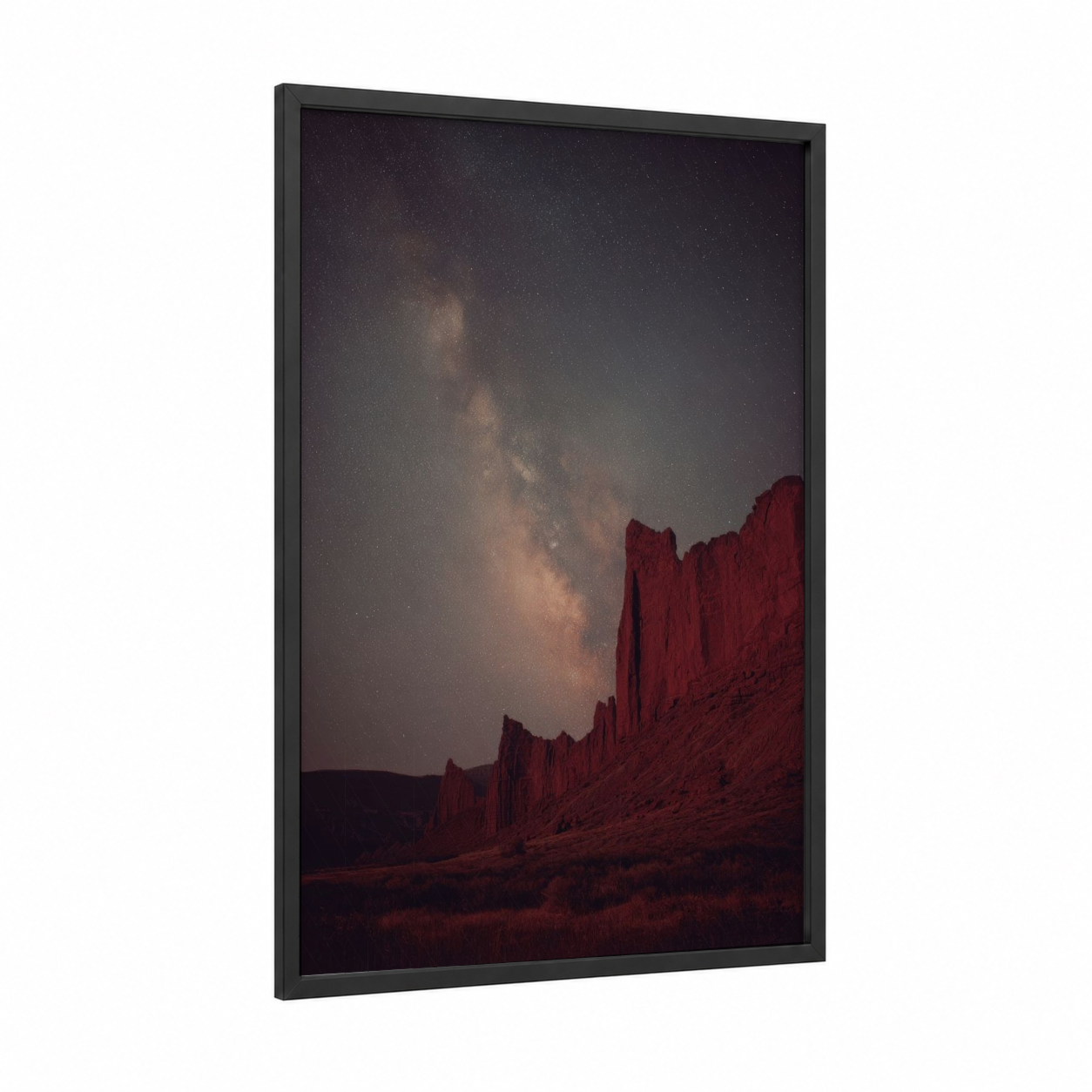 Milky Way Cliffs framed art print — black wood frame — maroon and gray palette