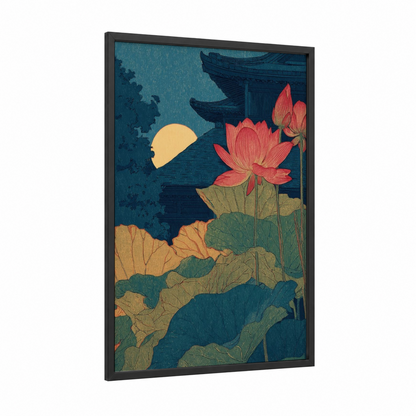 Moonlit Lotus framed art print — black wood frame — teal and gold palette