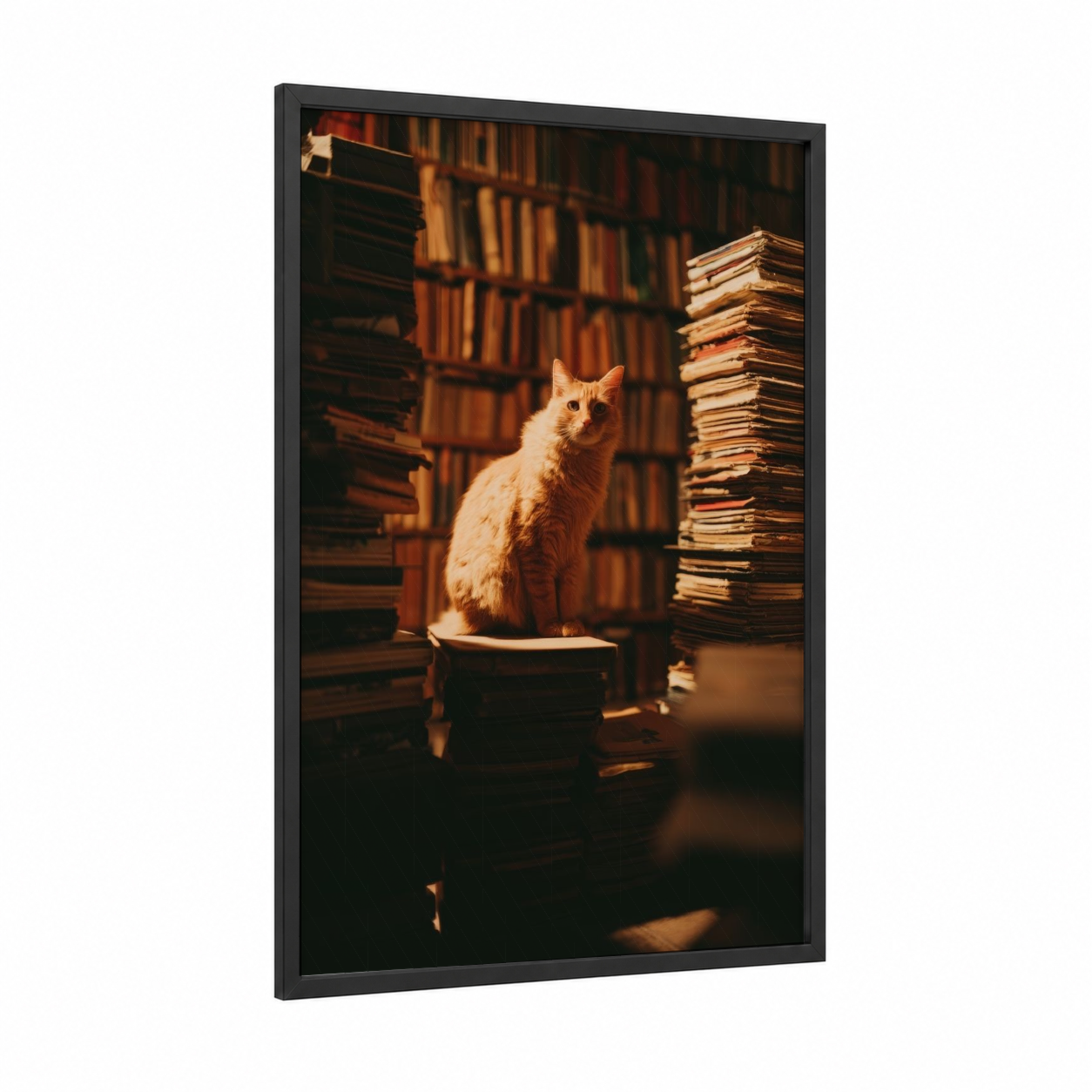 Literary Cat framed art print — black wood frame — gold and black palette