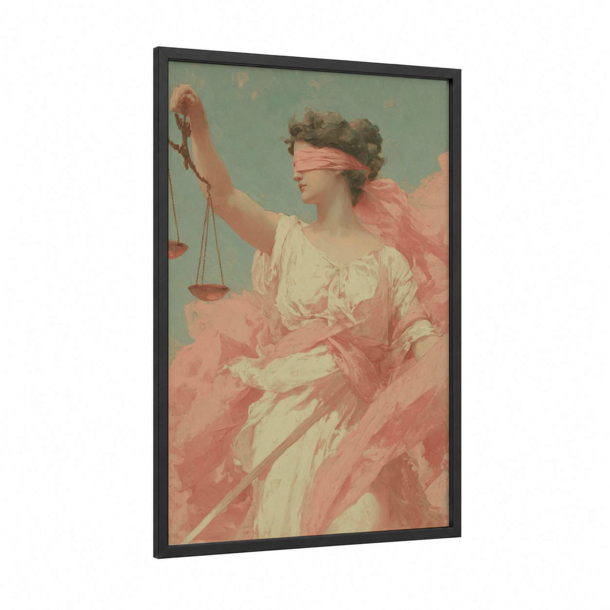 Blindfolded Libra framed art print — black wood frame — sage green and salmon pink palette