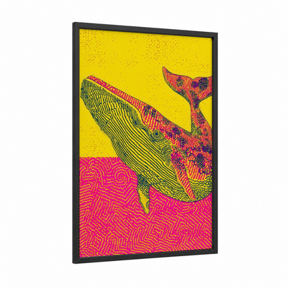 Vibrant Sperm Whale framed art print — black wood frame — yellow and magenta palette