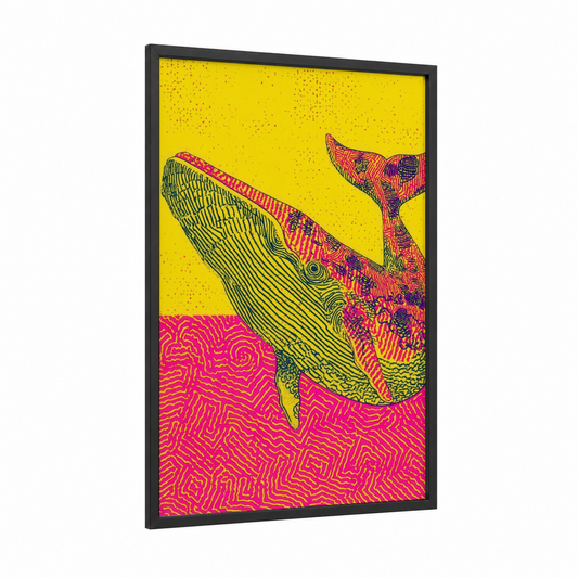 Vibrant Sperm Whale framed art print — black wood frame — yellow and magenta palette