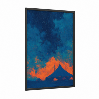 Midnight Carnival framed art print — black wood frame — teal and orange palette