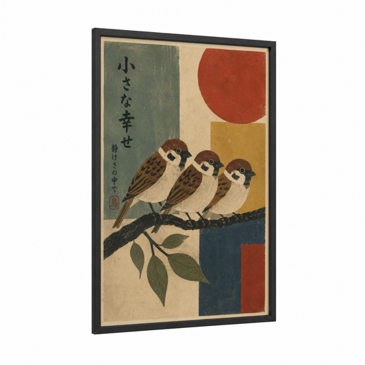 Japanese Sparrows on Branch Wall Art framed birds print — black wood frame — beige and russet palette