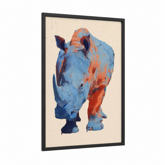 Azure Rhino framed art print — black wood frame — blue and orange palette