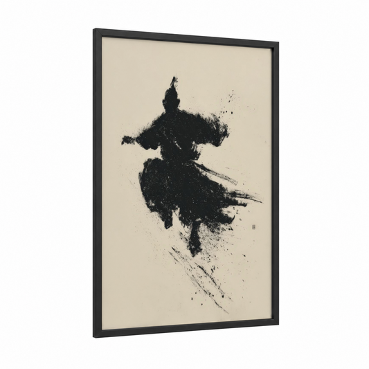 Warrior's Grace framed kung fu print — black wood frame — black and cream palette