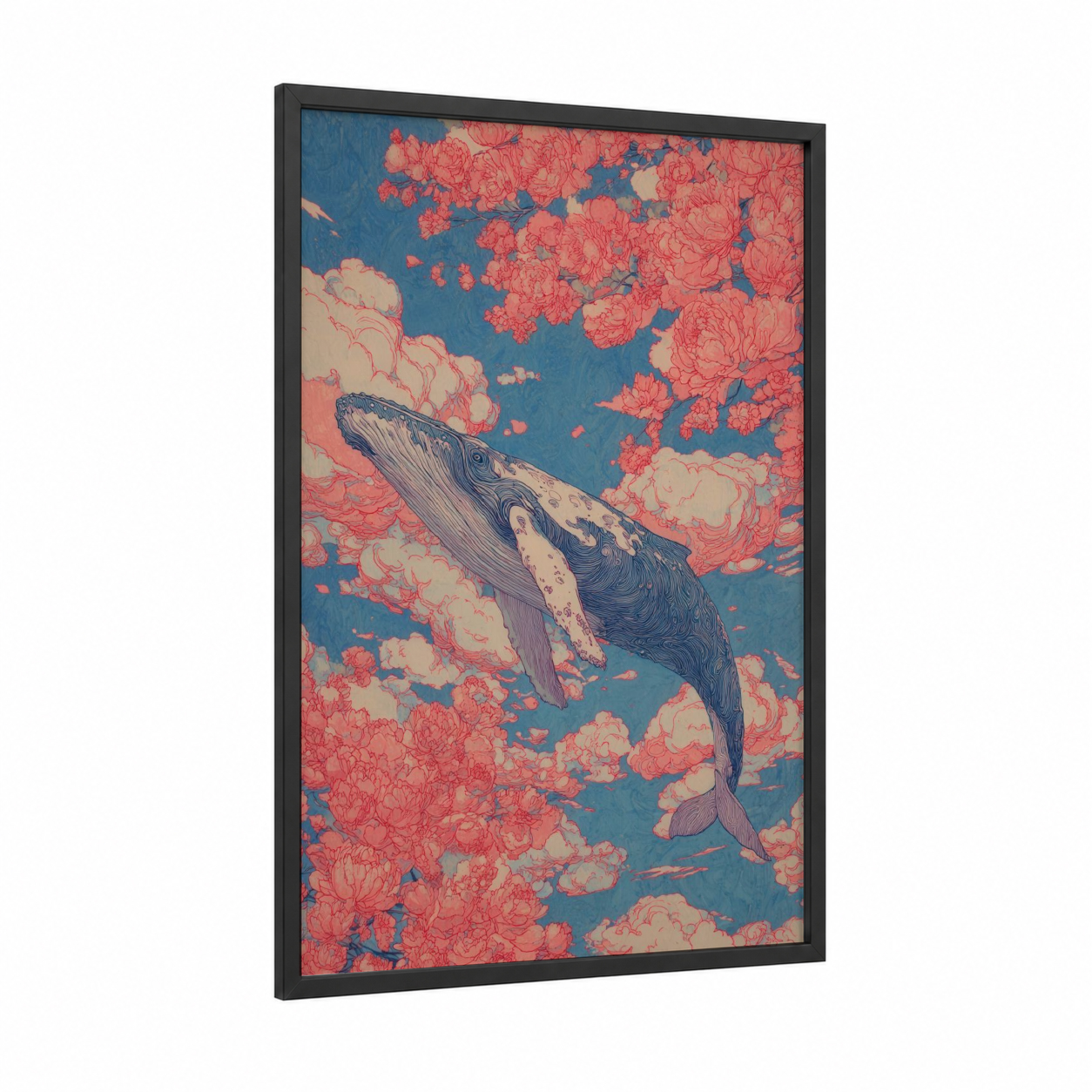 Coral Whale Dream framed humpback whale print — black wood frame — blue and salmon pink palette