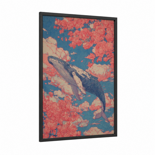 Coral Whale Dream framed humpback whale print — black wood frame — blue and salmon pink palette