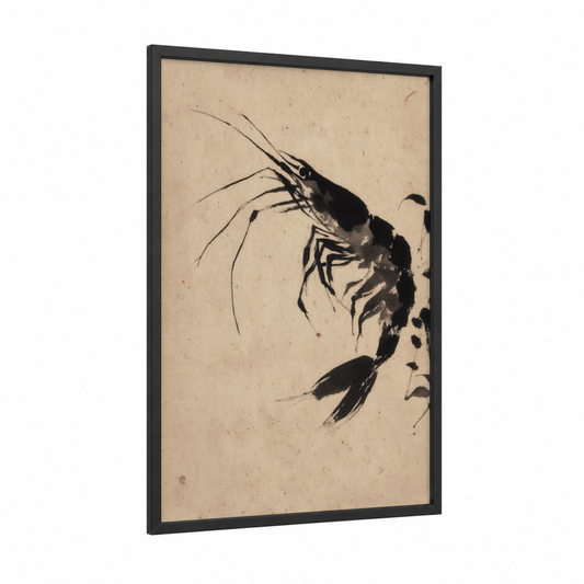 Ink Shrimp Study framed seafood print — black wood frame — black and white and beige palette