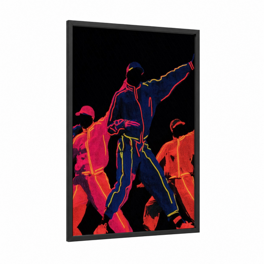 Neon Swing Dancers framed art print — black wood frame — magenta and gold palette