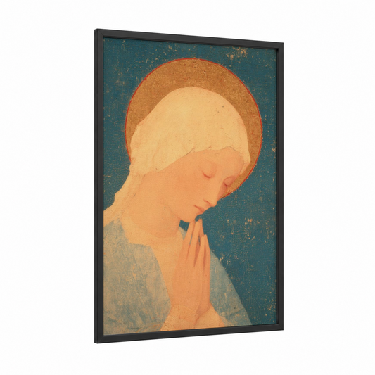 Serene Virgin Mary framed art print — black wood frame — teal and gold palette