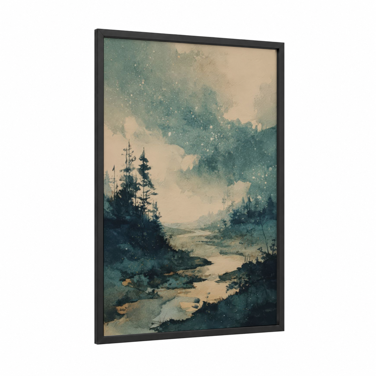 Misty Forest Aurora framed northern lights print — black wood frame — teal and cream palette