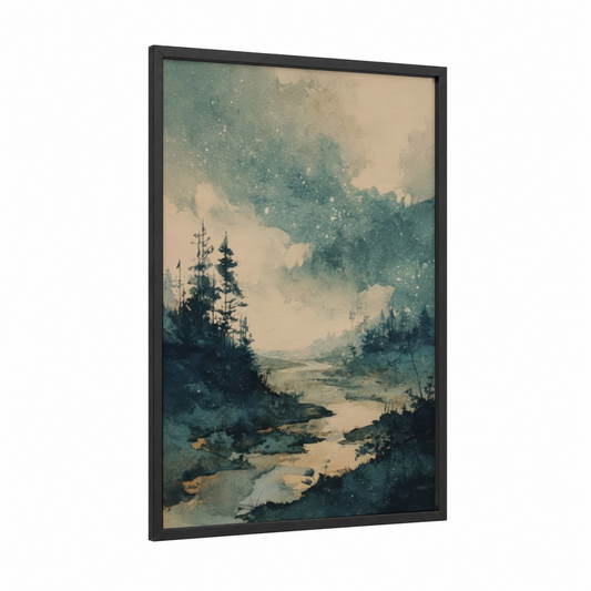Misty Forest Aurora framed northern lights print — black wood frame — teal and cream palette