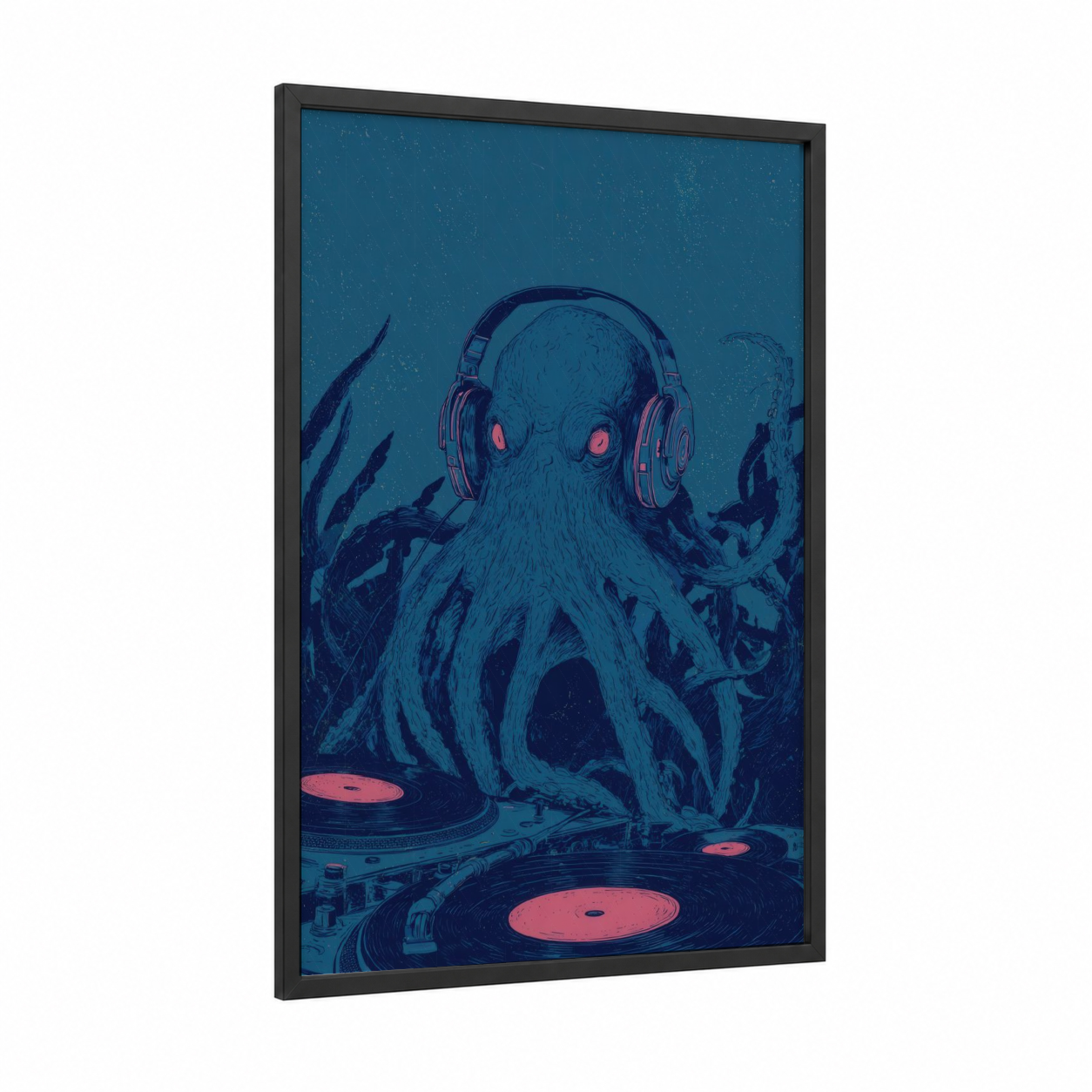 Cosmic Octopus DJ framed art print — black wood frame — dark blue and salmon pink palette