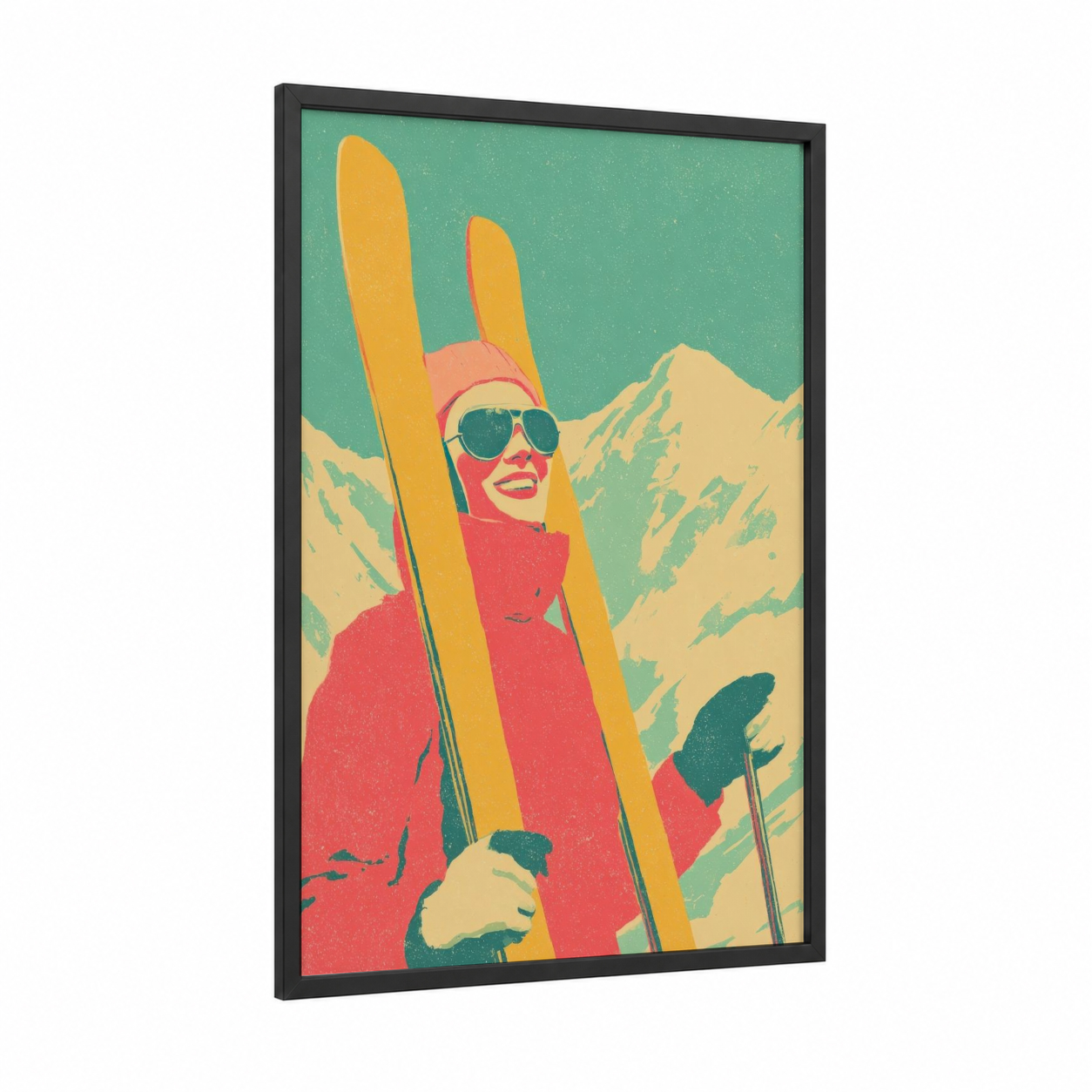 Alpine Skier Retro framed skiing print — black wood frame — red and gold palette