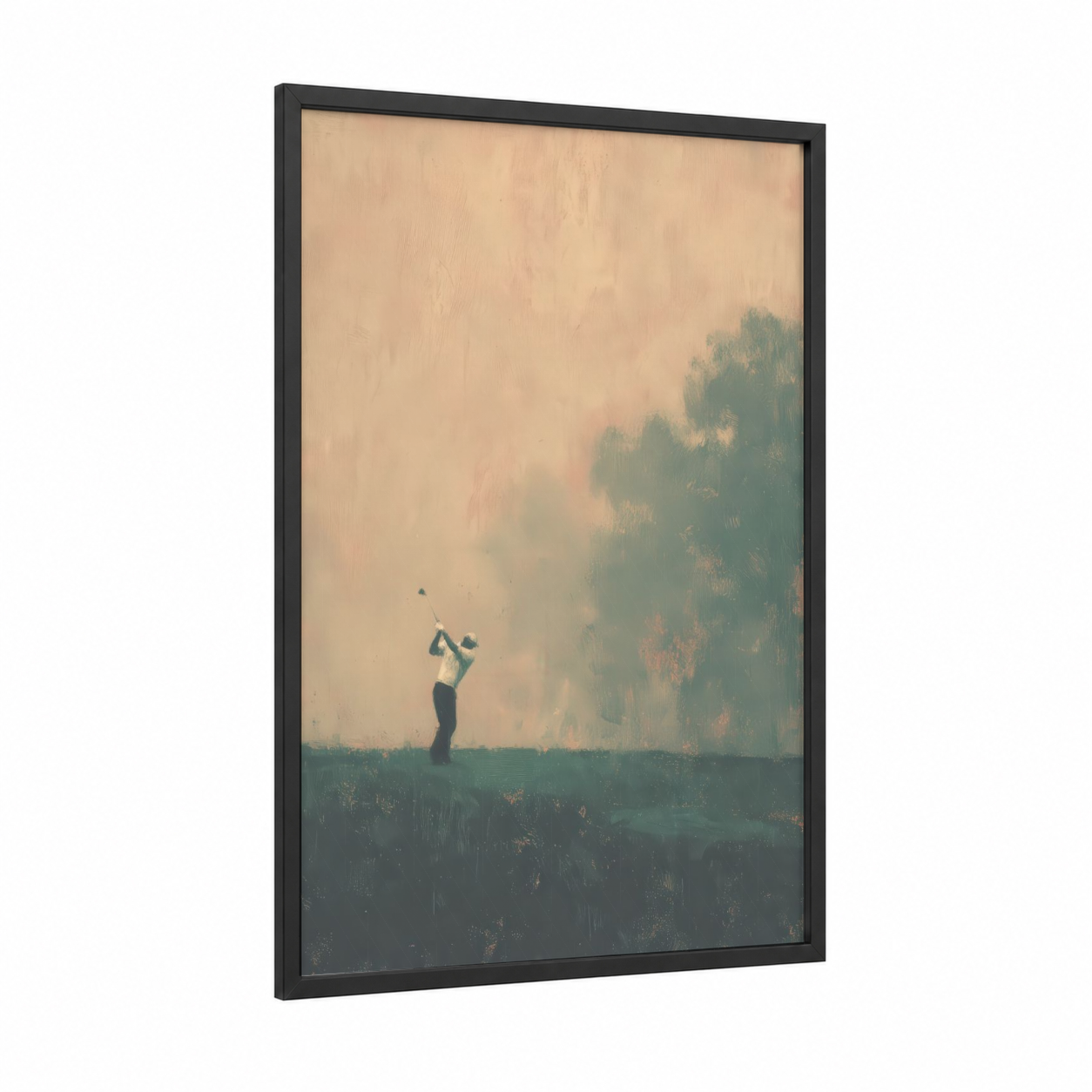 Golden Hour Golf framed art print — black wood frame — beige and sage green palette