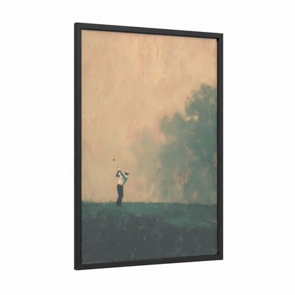 Golden Hour Golf framed art print — black wood frame — beige and sage green palette