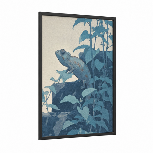 Turquoise Chameleon framed art print — black wood frame — blue and beige palette