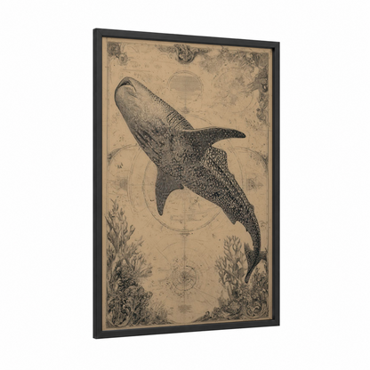 Antique Whale Shark framed art print — black wood frame — beige and black and white palette
