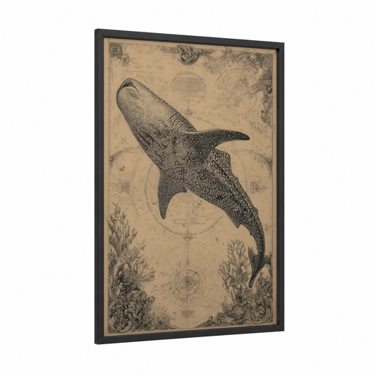 Antique Whale Shark framed art print — black wood frame — beige and black and white palette