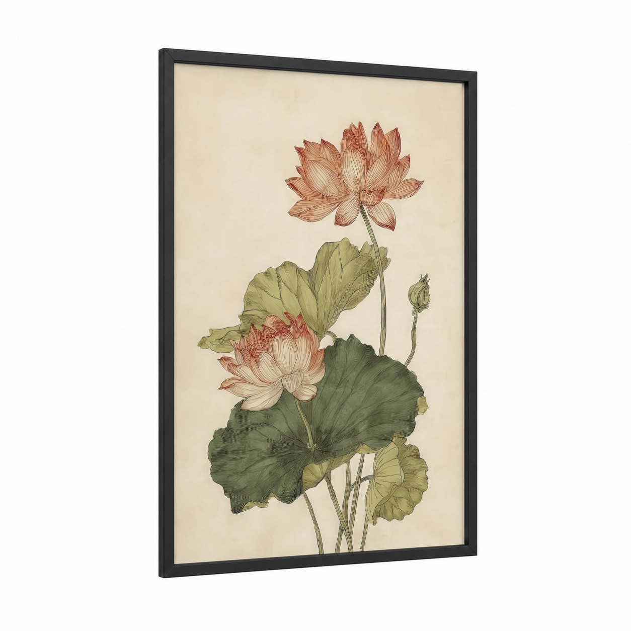 Pink Lotus Bloom framed art print — black wood frame — cream and sage green palette