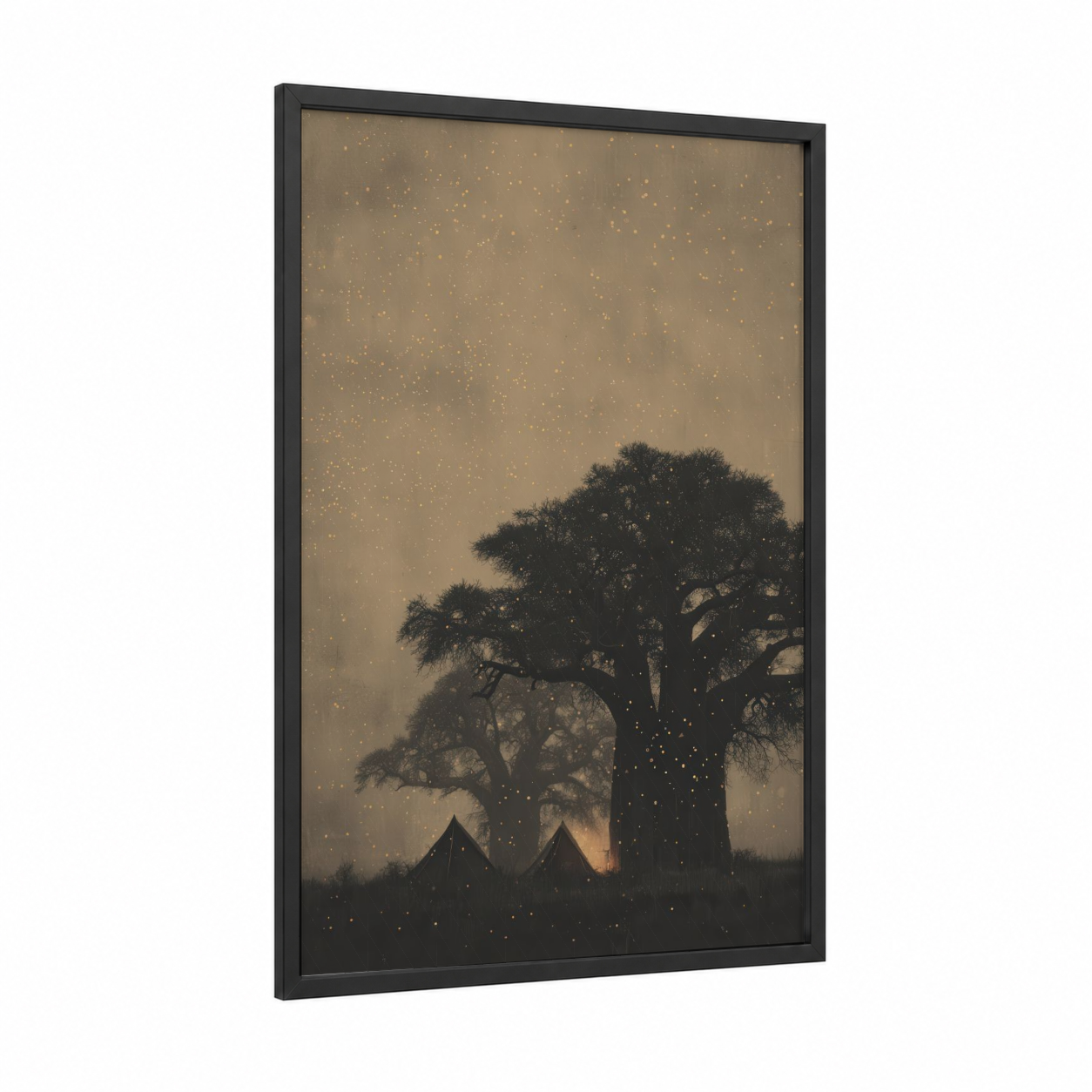 Starlit Baobab framed camping print — black wood frame — champagne gold and black palette