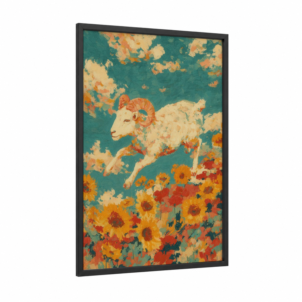 Leaping Aries framed art print — black wood frame — gold and teal palette