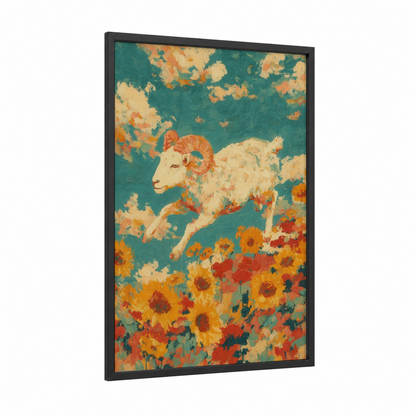 Leaping Aries framed art print — black wood frame — gold and teal palette
