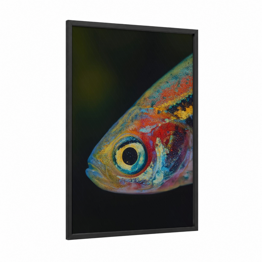 Rainbow Zebrafish framed art print — black wood frame — blue and orange palette