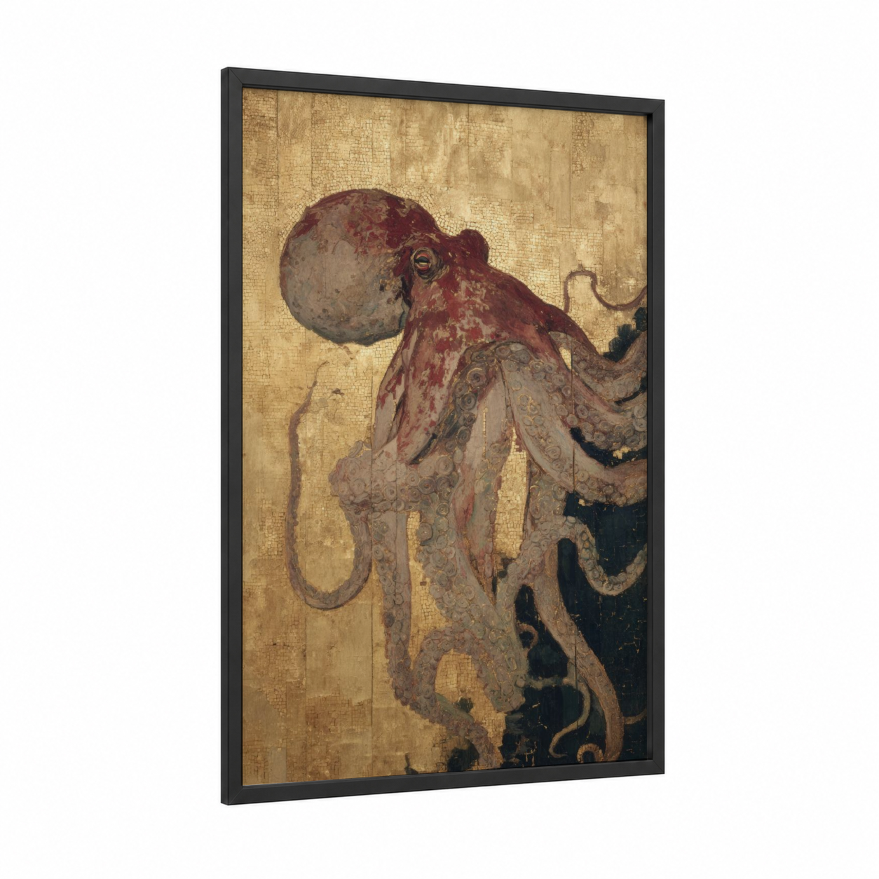 Crimson Octopus framed art print — black wood frame — maroon and gold palette