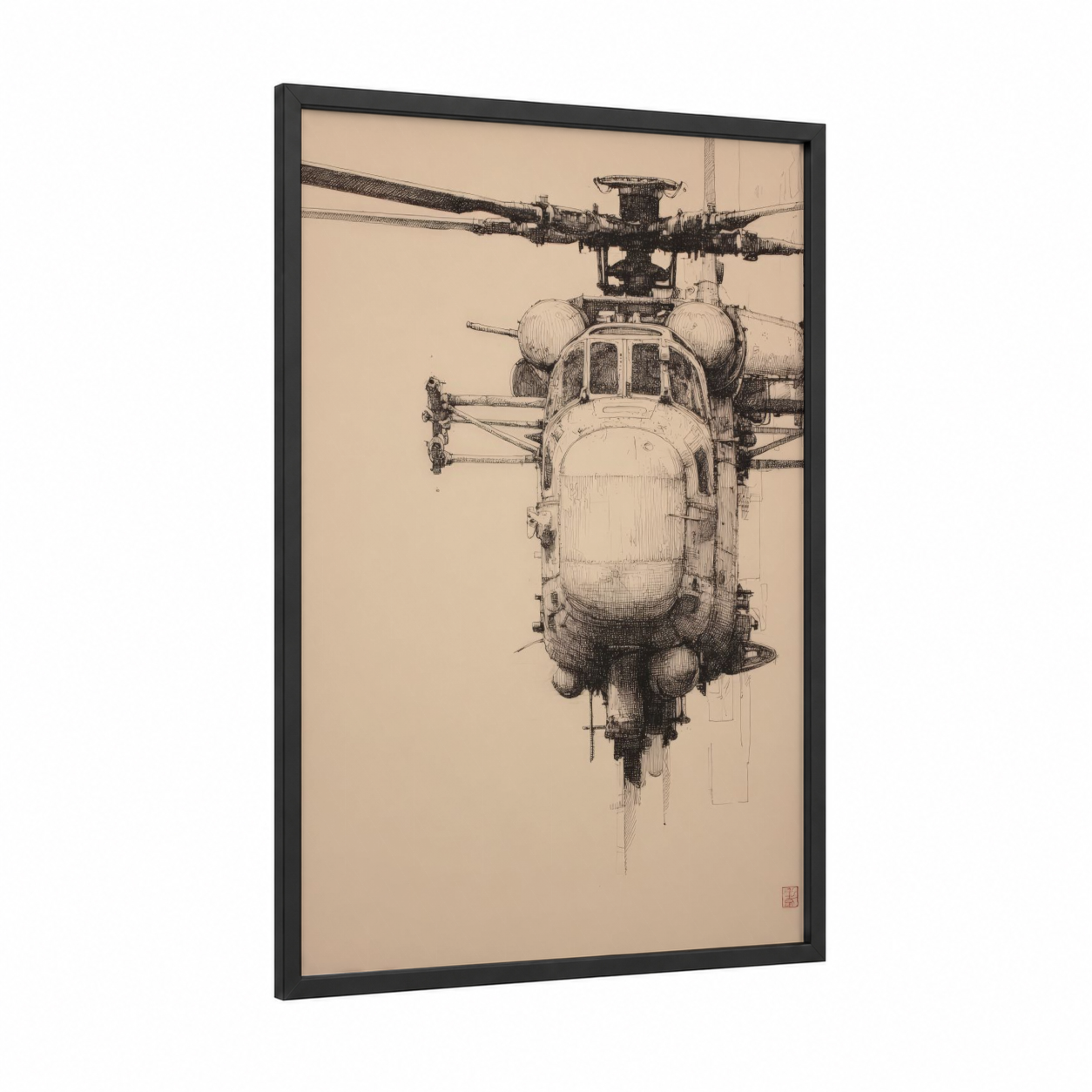 Technical Helicopter framed art print — black wood frame — black and white and beige palette