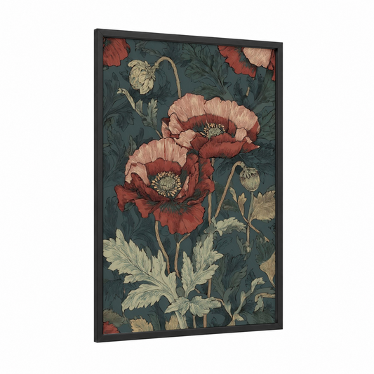 Crimson Poppies framed art print — black wood frame — red and teal palette