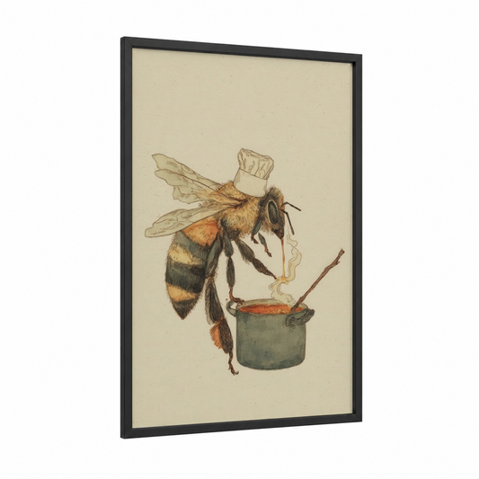 Chef Bee framed art print — black wood frame — cream and brown palette