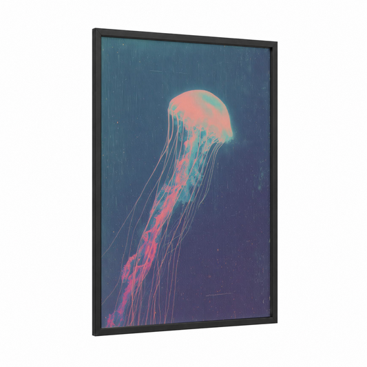 Neon Jellyfish framed extraterrestrial print — black wood frame — blue and pink palette